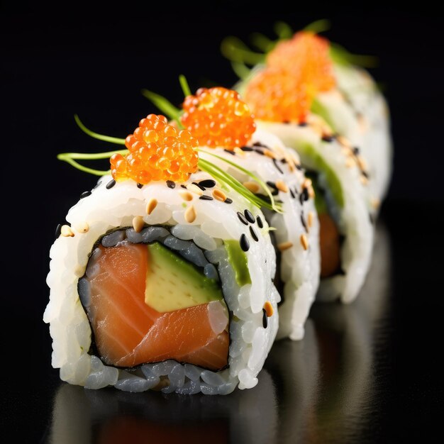 Sushi roll met zalmkaviaar en komkommer Kunstzinnige recreatie van sushi rolls met zalm en witte rijst met een punctueel licht Ai gegenereerd