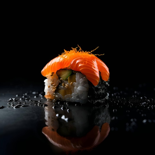 Sushi roll op een zwarte achtergrond met druppels water Japans eten