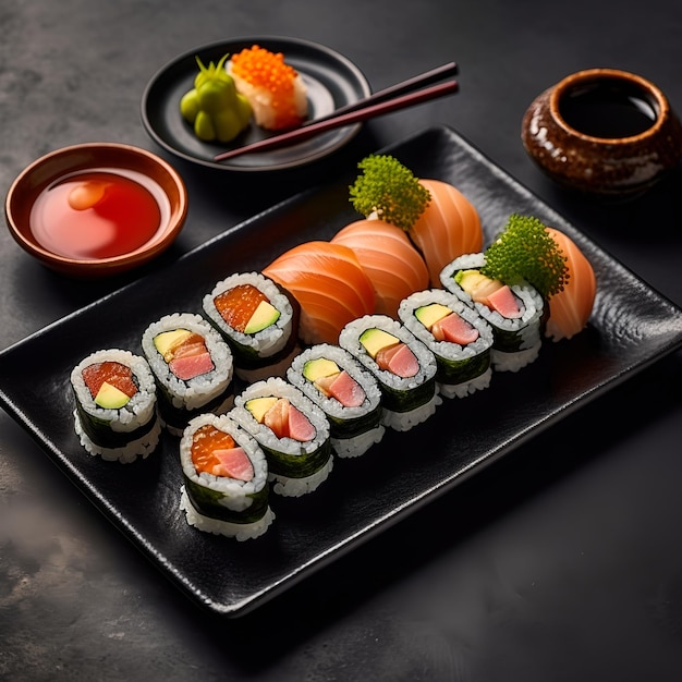 Sushi roll placed on a smooth black plate in the background of a modern Japanese restaurant