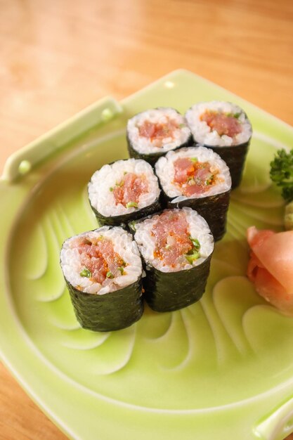 Sushi roll on restaurant table