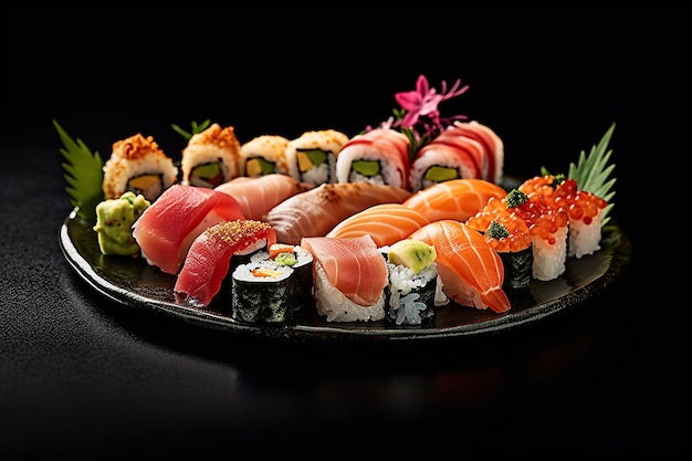 Набор суши-роллов с лососем, угрем, тунцом, авокадо, королевскими креветками, сливочным сыром, японской кухней Генерирующая иллюстрация AI