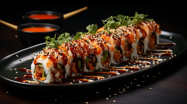 Sushi roll showcase in food photography Savory sushi rolls arranged on a plate atop a dark table