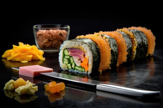 Sushi roll sliced with knife revealing filling