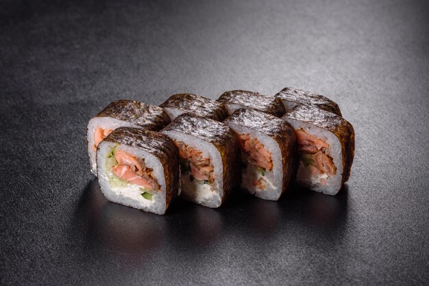 Sushi roll sushi with prawn, avocado, cream cheese, sesame. Sushi menu