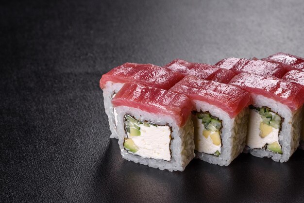 Sushi roll sushi with prawn, avocado, cream cheese, sesame. Sushi menu