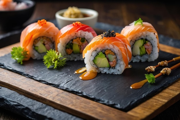 Sushi roll variety elegantly presented