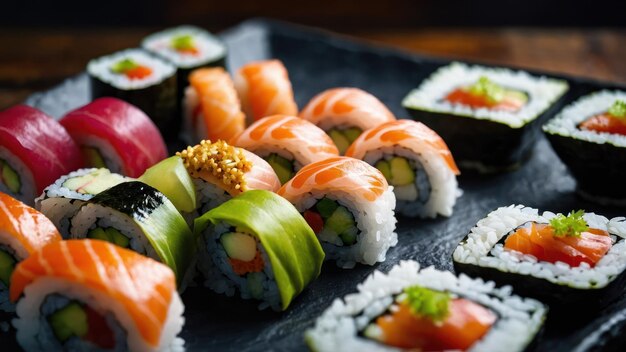 Разнообразие суши-роллов, изящно представленных