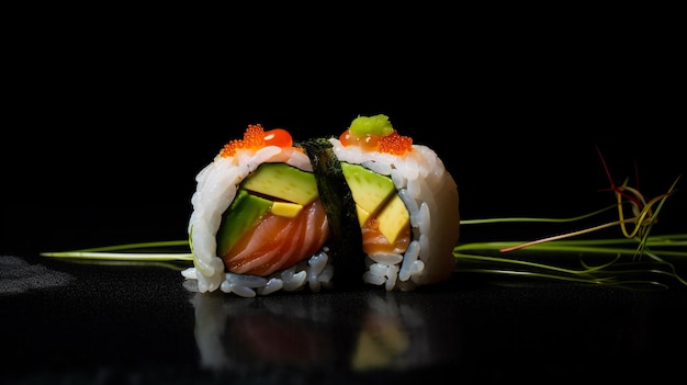 A sushi roll with avocado and avocado on it