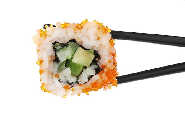 Sushi roll with chopsticks, isolated on white