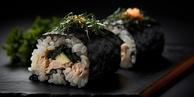 A sushi roll with a green vegetable on it