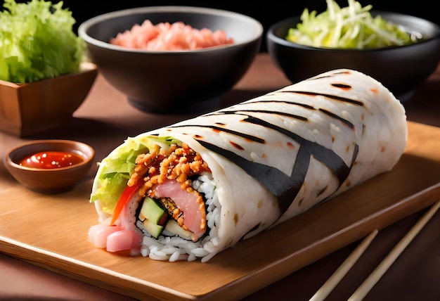 a sushi roll with a large piece of sushi on it