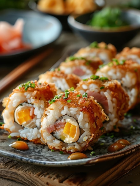 Sushi roll with rice pork corn and ham