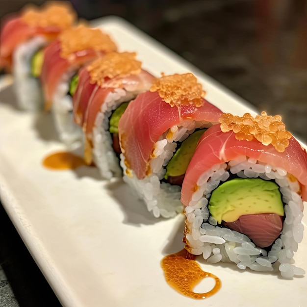 Sushi roll with salmon avocado and red caviar