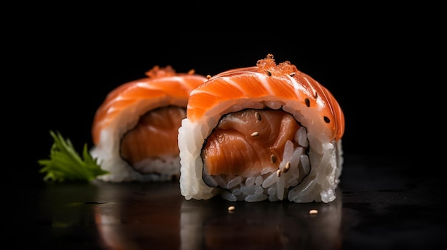 A sushi roll with salmon on a black background