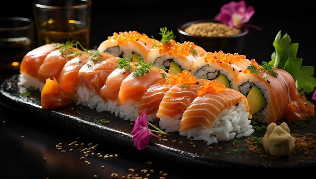 Sushi roll with salmon and caviar