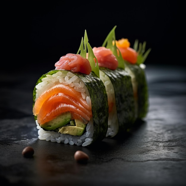 A sushi roll with salmon on it