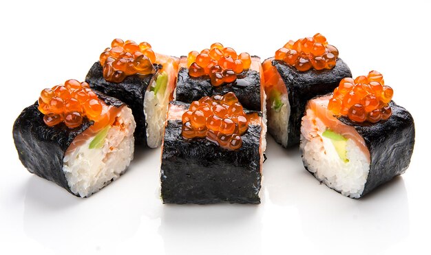 Sushi roll with salmon and red caviar in nori on white background