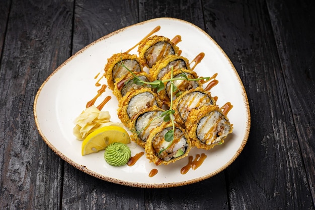 sushi roll with wasabi  on the plate. delicious food, close-up