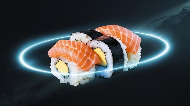 Sushi roll woth salmon and cream cheese in dark space