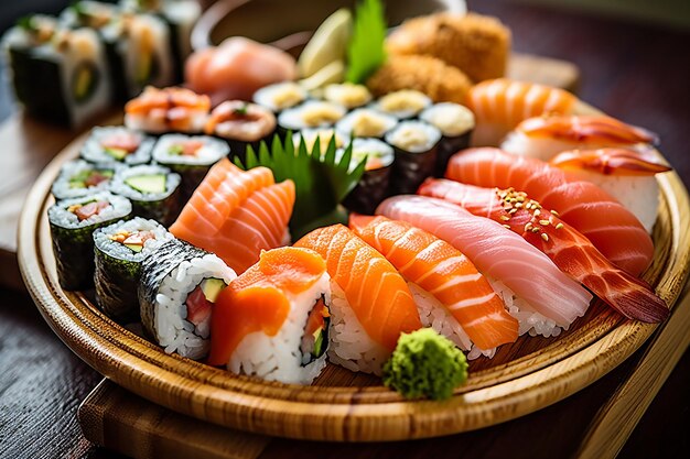 Sushi rollen en sushi zijn op een bord met andere sushi