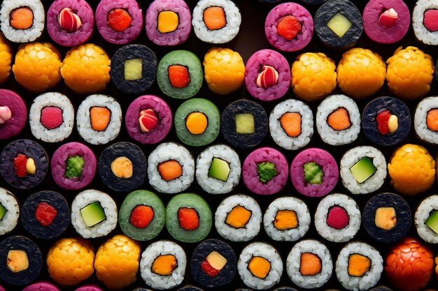 Foto sushi rollen gerangschikt in een cirkelvormig patroon op een witte plaat