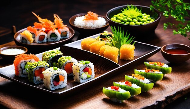 Sushi rollen met wasabi en soja saus op een bord ai generatief