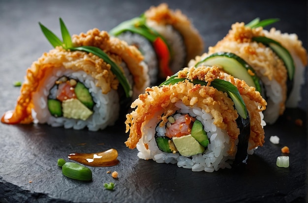 Sushi rolletjes met Crispy Tempura Uien Garnish