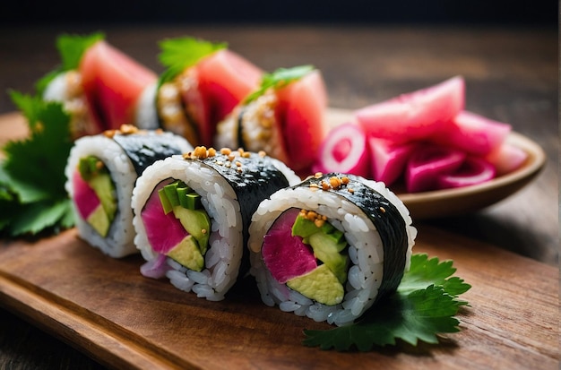 Sushi rolletjes met gesneden watermeloen radijs versiering