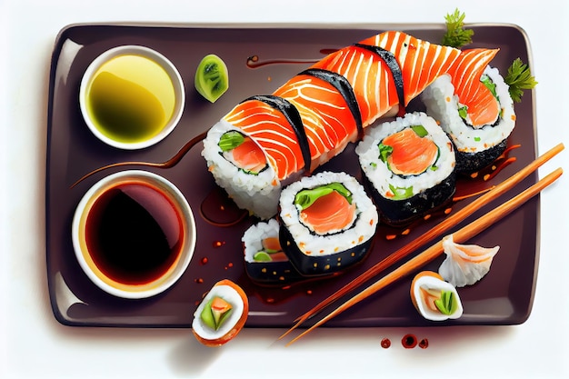 Sushi rolletjes met zalm roomkaas gemarineerd zeewier chuka ijs nori sojasaus wasabi en gember