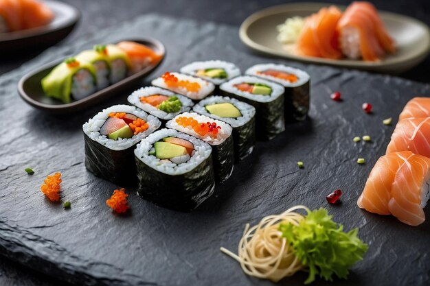 Photo sushi rolls are laid out on a table with other sushi