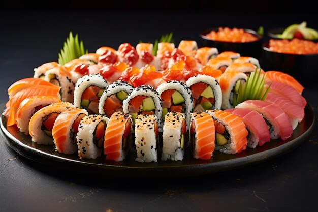 Photo sushi rolls arranged on a bed of ice for freshness