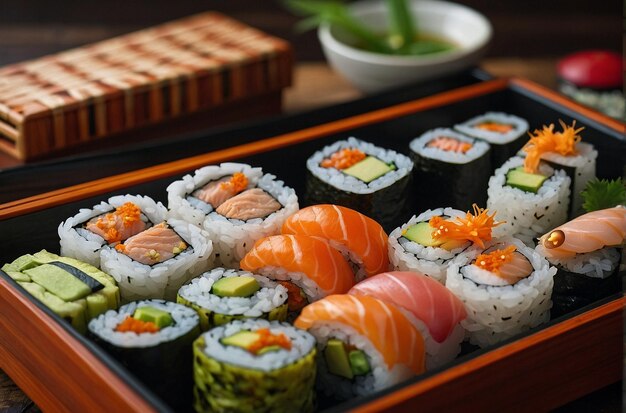 Sushi rolls arranged in a bento box