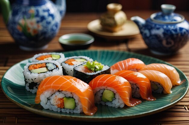 Sushi rolls arranged on a plate with Japanese c