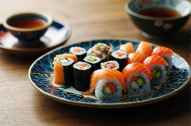 Sushi rolls arranged on a plate with Japanese c