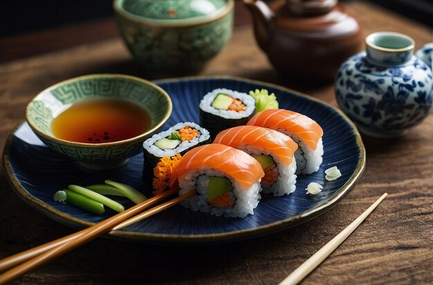 Sushi rolls arranged on a plate with Japanese c