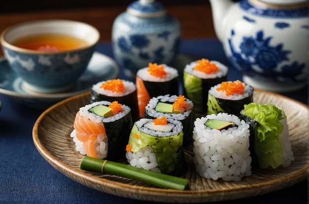 Sushi rolls arranged on a plate with Japanese c