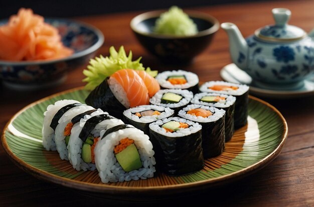 Sushi rolls arranged on a plate with Japanese c