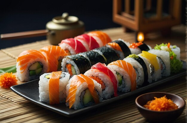 Sushi rolls arranged on a plate with Japanese paper