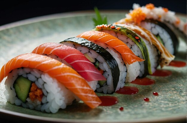 Sushi rolls arranged on a plate with Japanese traditi