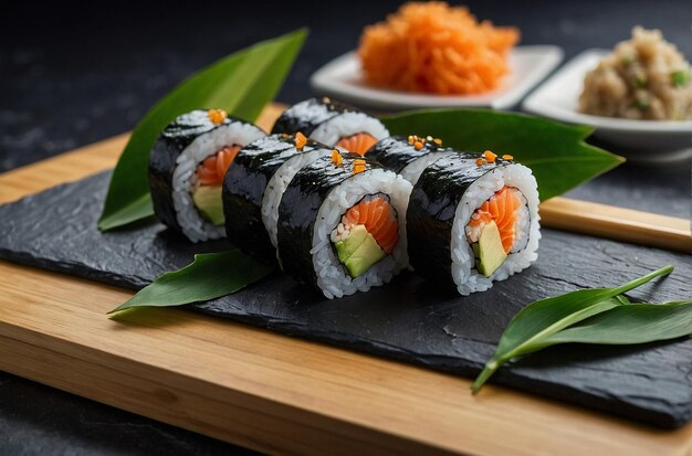 Sushi rolls arranged on a slate board with bamboo