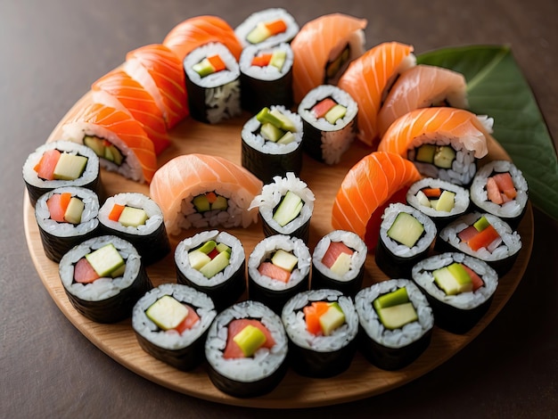 Sushi rolls arranged in a spiral formation