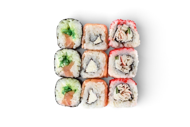 Sushi rolls assortment isolated on white background. Maki california rolls. Japanese food.