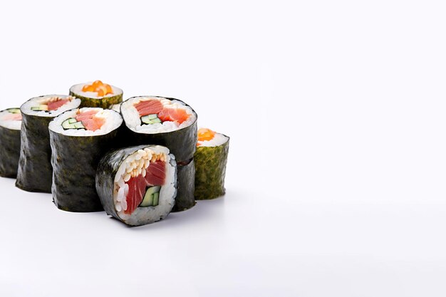 Sushi rolls assortment isolated on white background with copy space japanese food