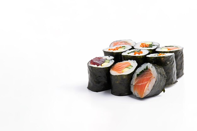 Sushi rolls assortment isolated on white background with copy space japanese food