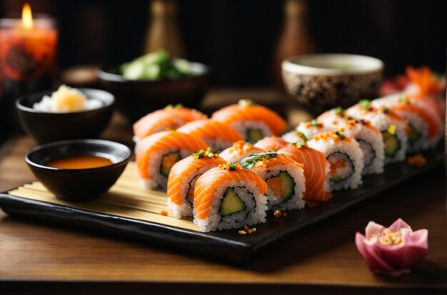 Sushi rolls being served alongside sake or Japanese