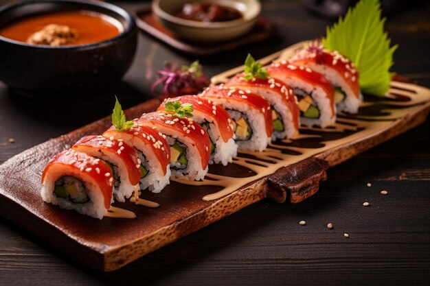 Photo sushi rolls being served on a bed of ice for freshness