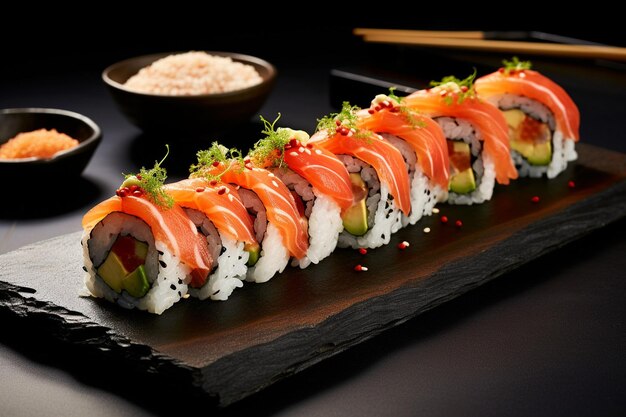 Photo sushi rolls being served on a bed of ice for freshness