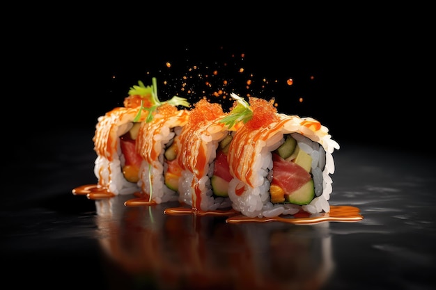 Sushi rolls on a black background with a splash of water.