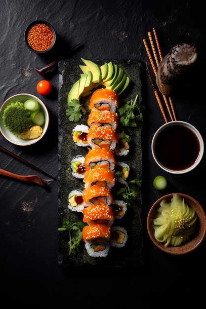 Sushi rolls on a board Selective focus Food