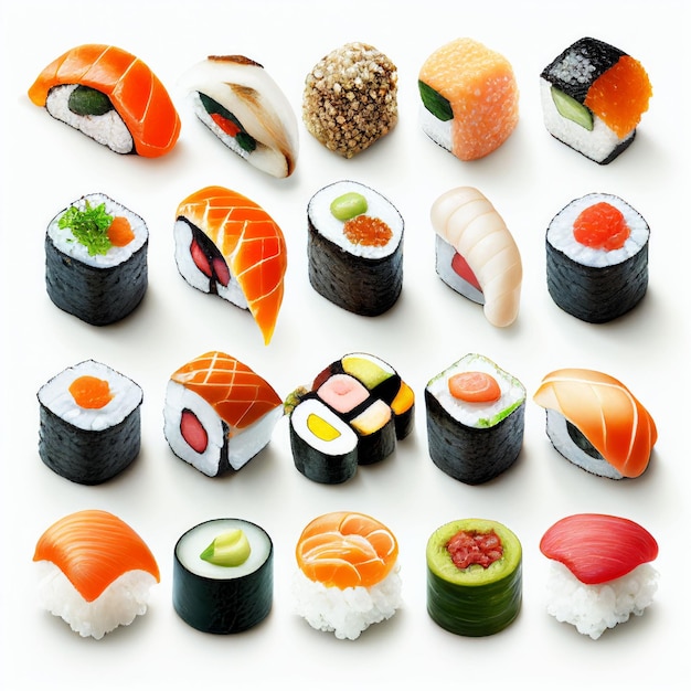 Sushi rolls collection with fresh raw on white background Created with Generative AI technology